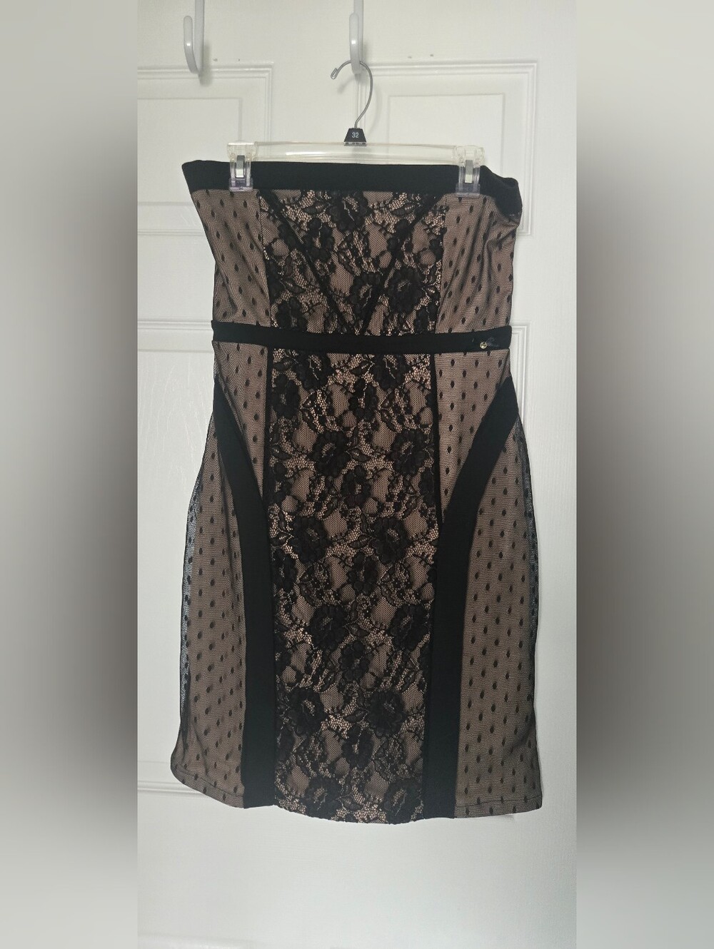 Guess Black Lace Overlay Midi Dress with Nude Underlay